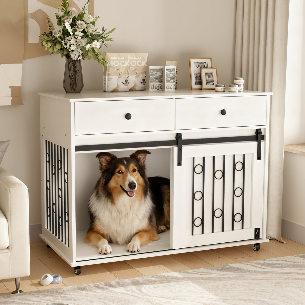 Modern Wooden Dog Crate Furniture with Sliding Barn Door – Indoor Pet Kennel