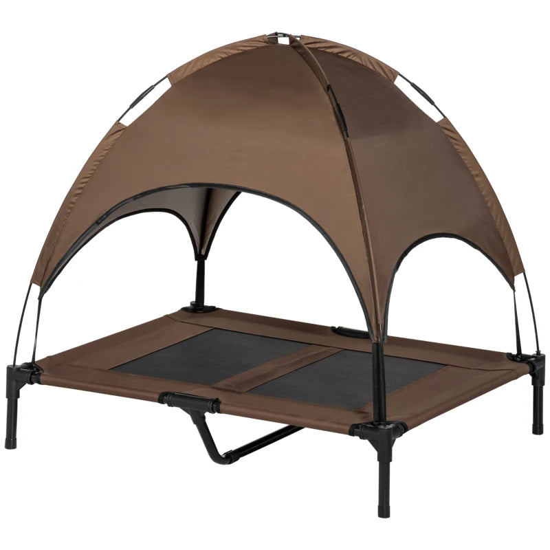 Brown pet cot with canopy on a white background