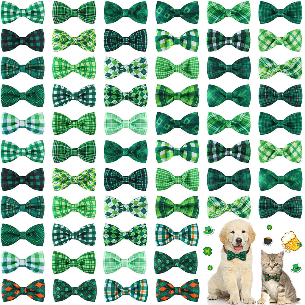 Collection of green plaid bow ties with two pets wearing them.