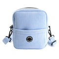 Light blue corduroy pouch with black strap and logo on a white background