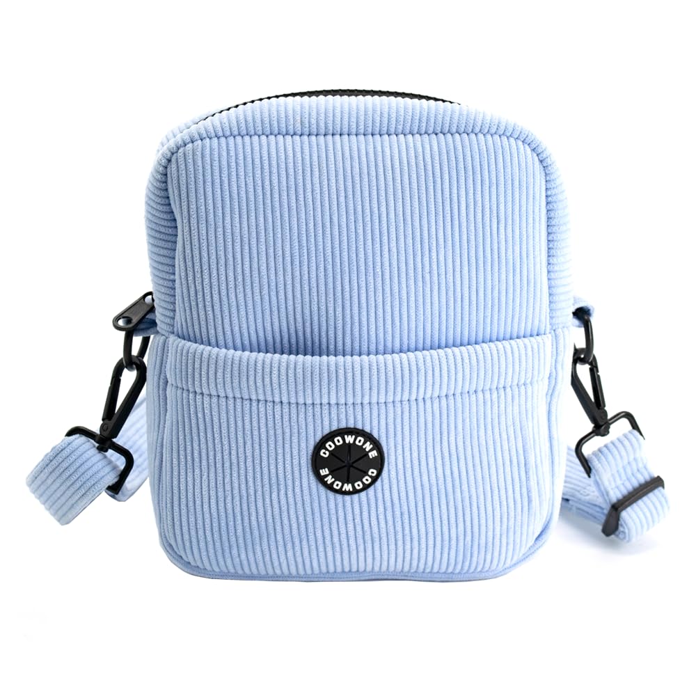 Light blue corduroy pouch with black strap and logo on a white background