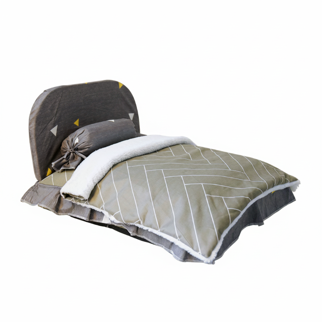 Folded bedspread with geometric pattern on a white background