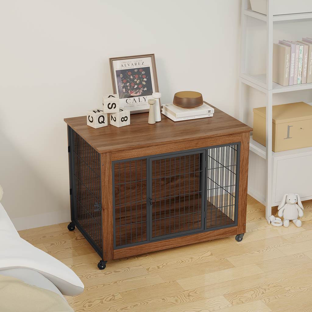 Wooden pet crate with metal wire door in a room setting