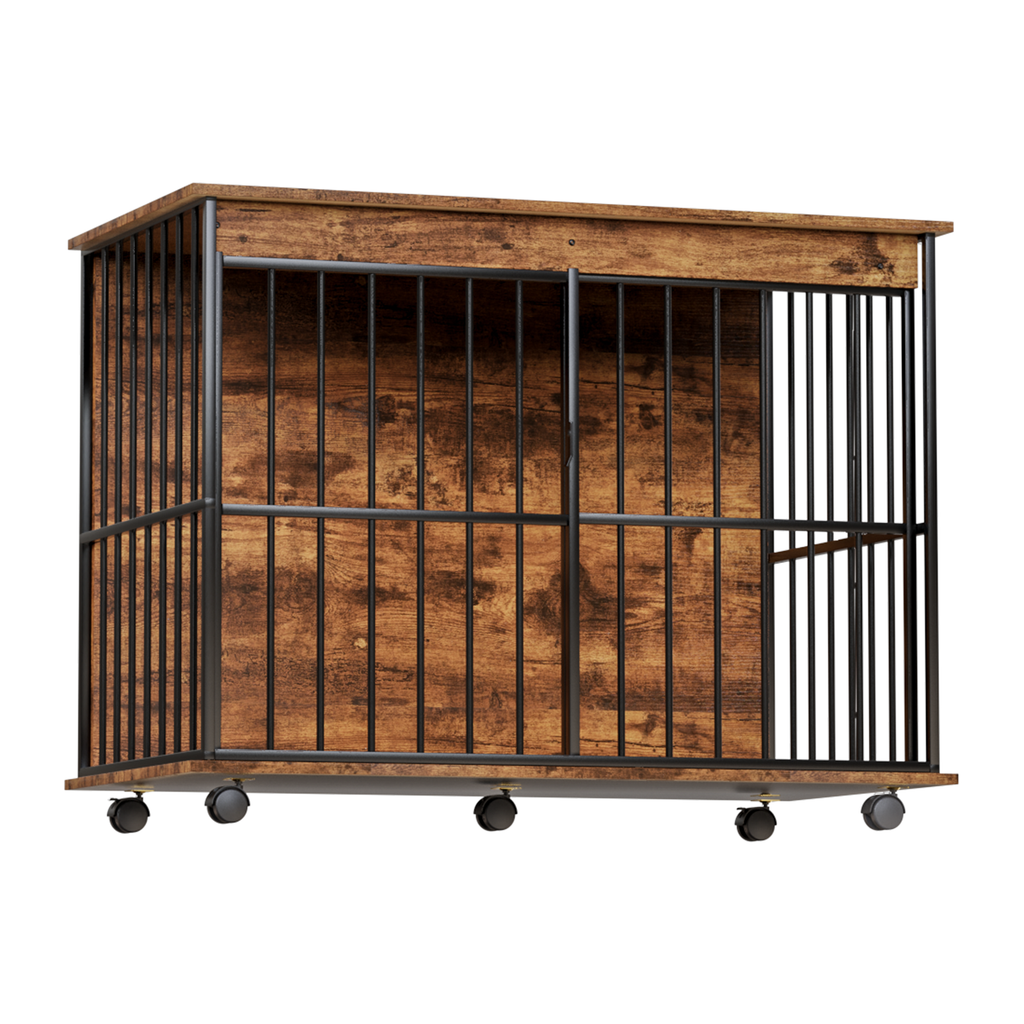 Wooden cabinet with metal bars on a white background