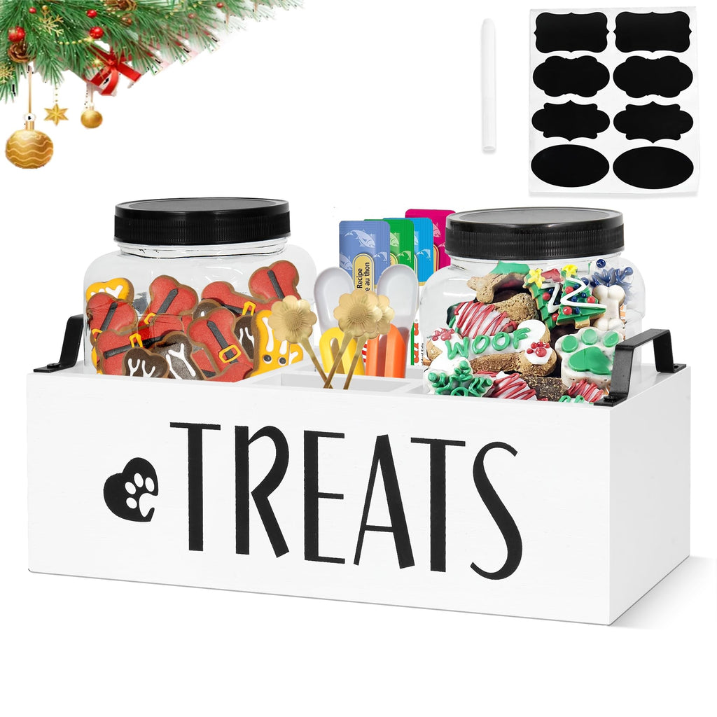 Farmhouse Wood Pet Treat Storage Box with 2 Jars & Handle (3-Compartment)