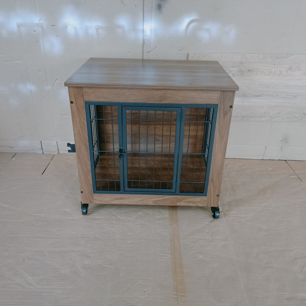 Wooden pet crate with metal bars on a tiled floor against a white wall.