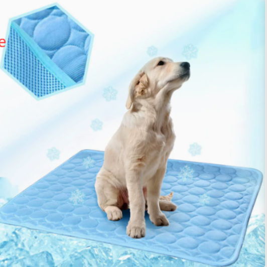 Dog sitting on a blue cooling pad with a inset showing ice cubes.