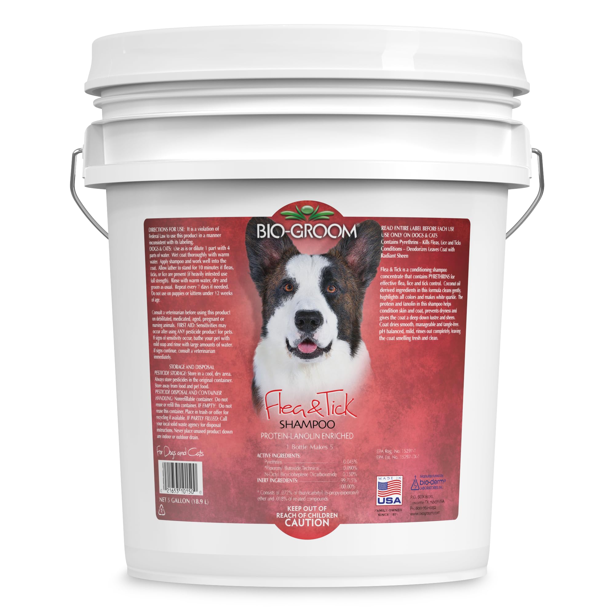 White bucket of Bio-Groom Flea & Tick Shampoo with a dog on the label against a white background