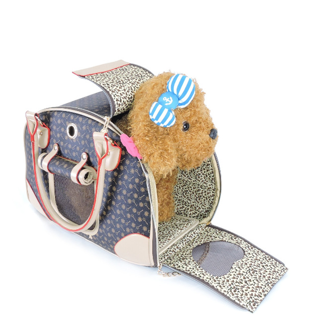 Plush dog toy inside a patterned bag on a white background