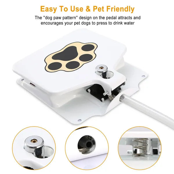 White pet water fountain with paw pattern design on the pedal, featuring close-up details.