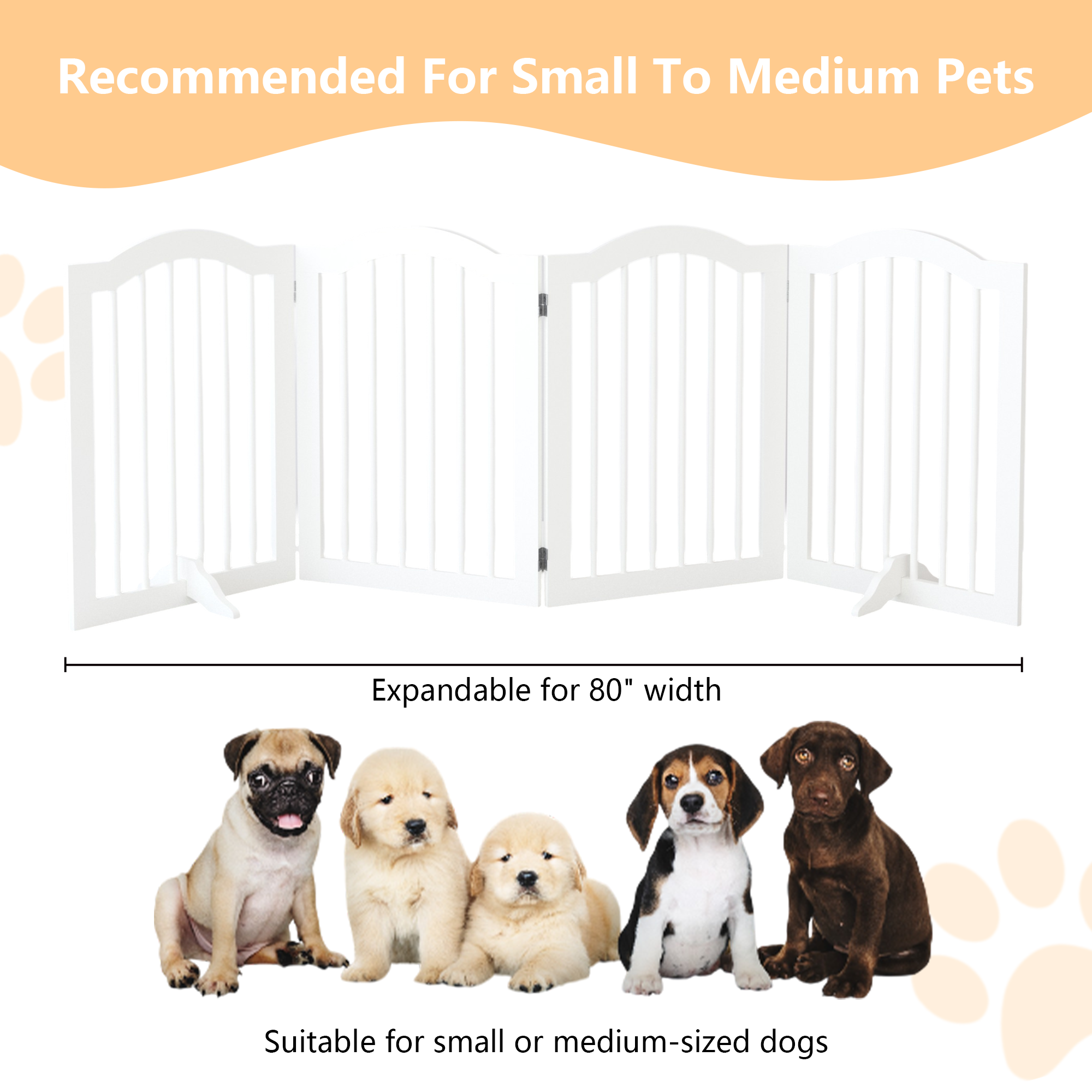 White pet gate suitable for small to medium pets with four puppies in front.