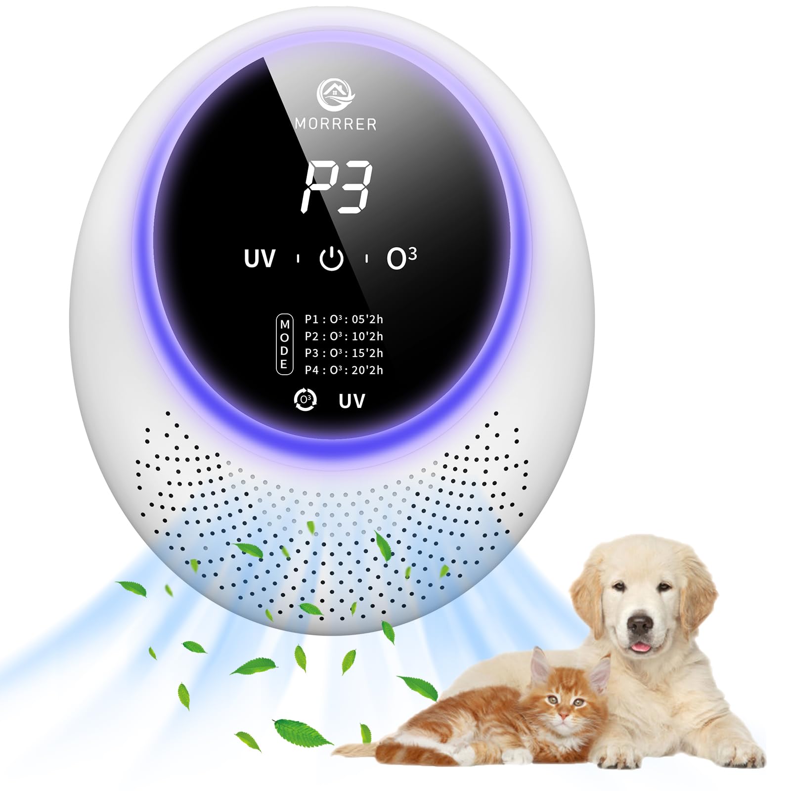 Morrerer air purifier with digital display and two pets sitting below on a white background