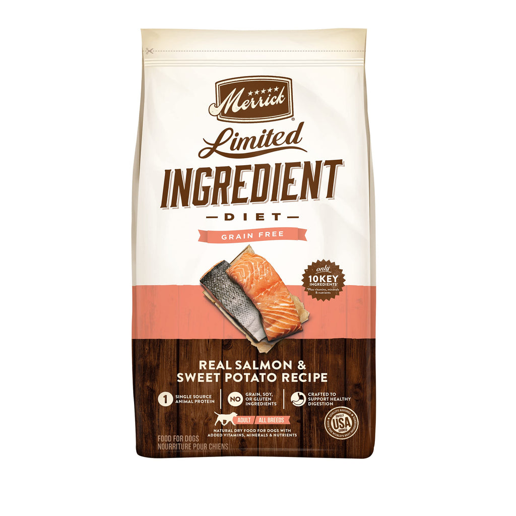 Merrick Limited Ingredient Diet dog food package with salmon and sweet potato on a white background