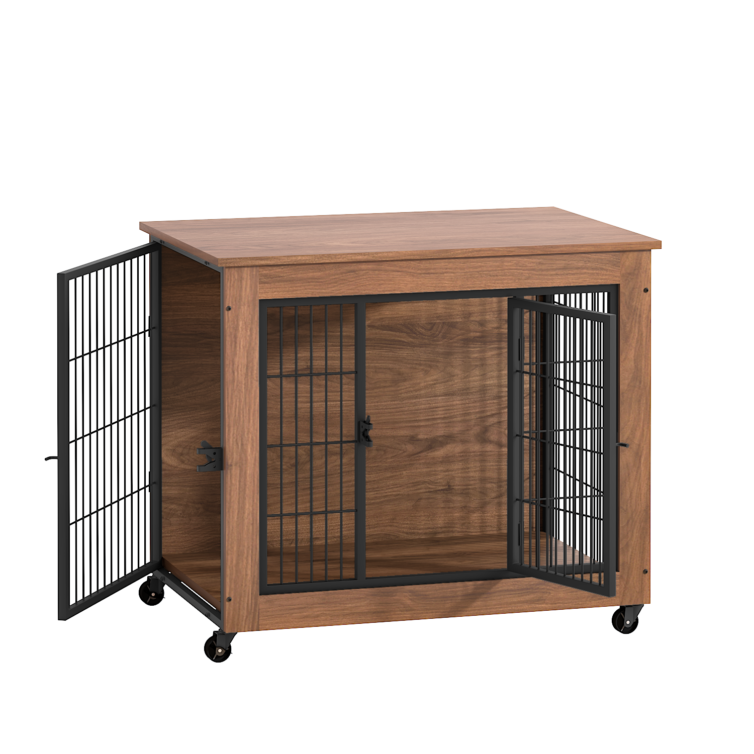 Wooden pet crate with metal bars on a white background