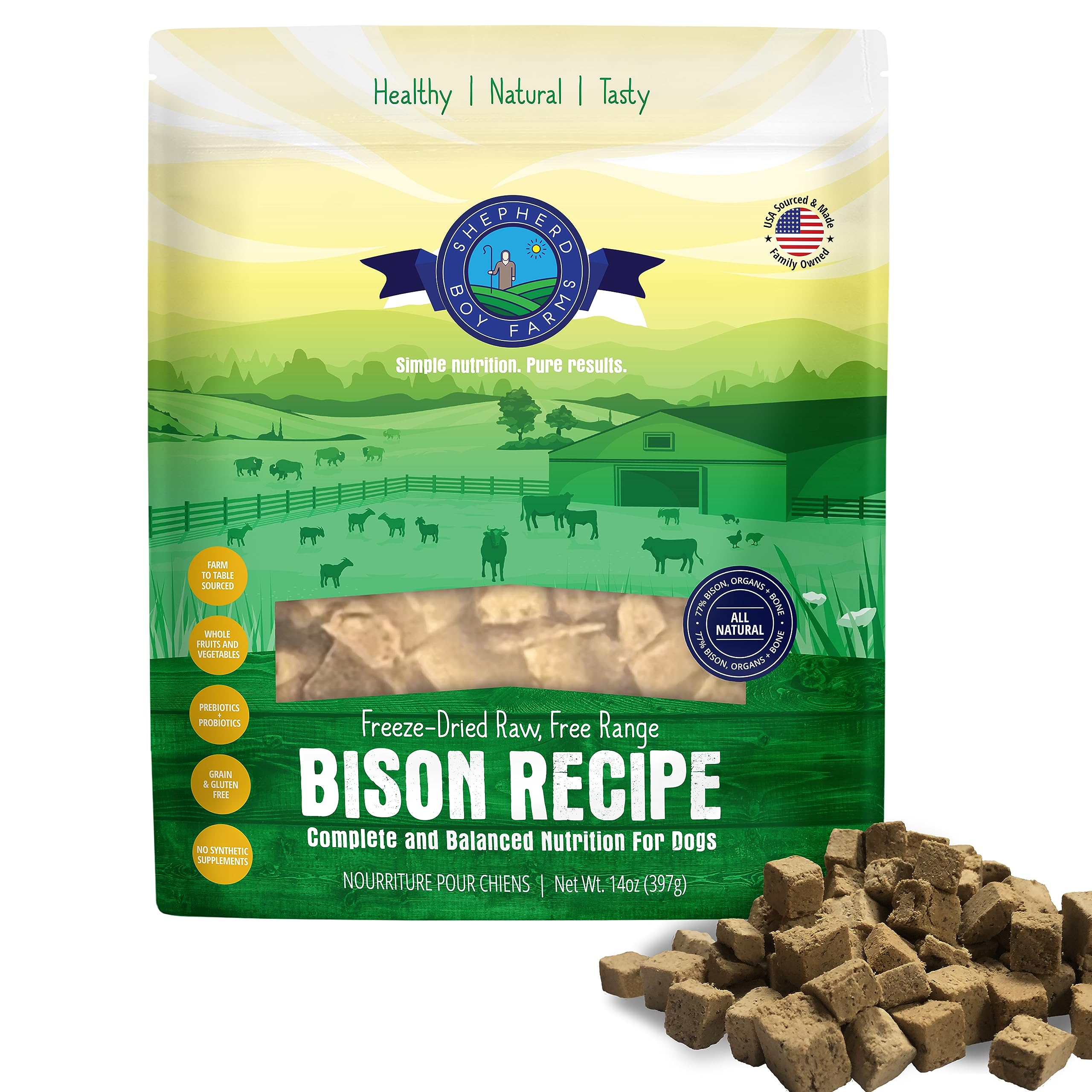 Package of freeze-dried raw bison recipe for dogs with a scenic design on the label.