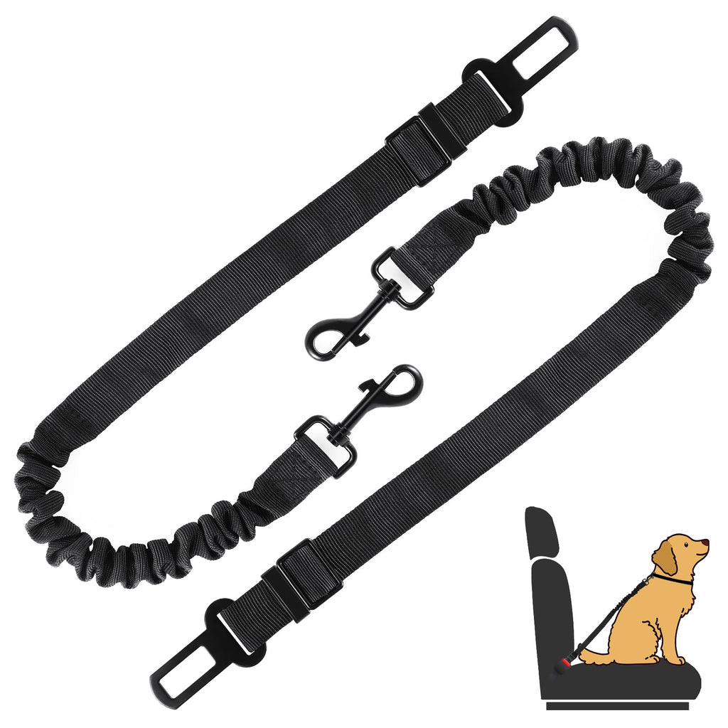 Black dog leash with clip and car seat belt attachment on a white background