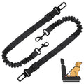 Black dog leash with clip and car seat belt attachment on a white background