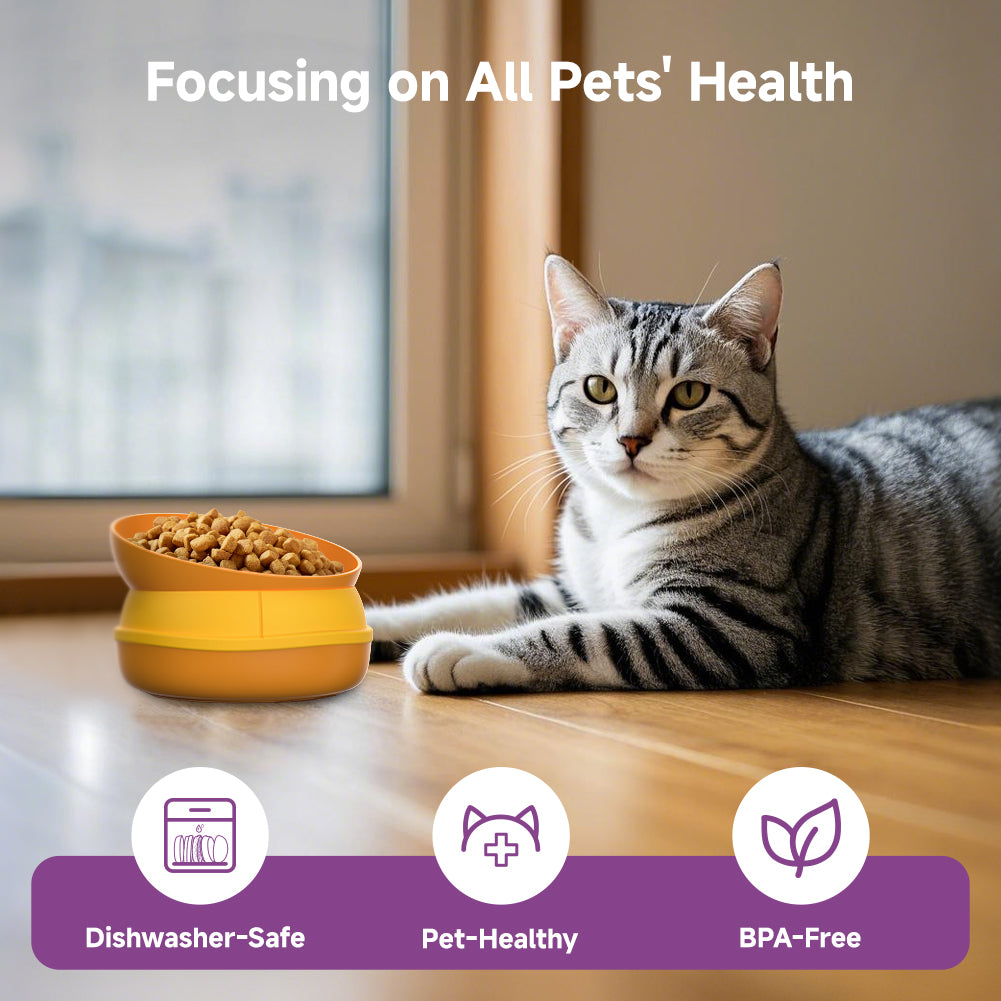 Cat lying on a wooden floor next to a yellow bowl of food with text 'Focusing on All Pets' Health' and icons indicating dishwasher-safe, pet-healthy, and BPA-free.
