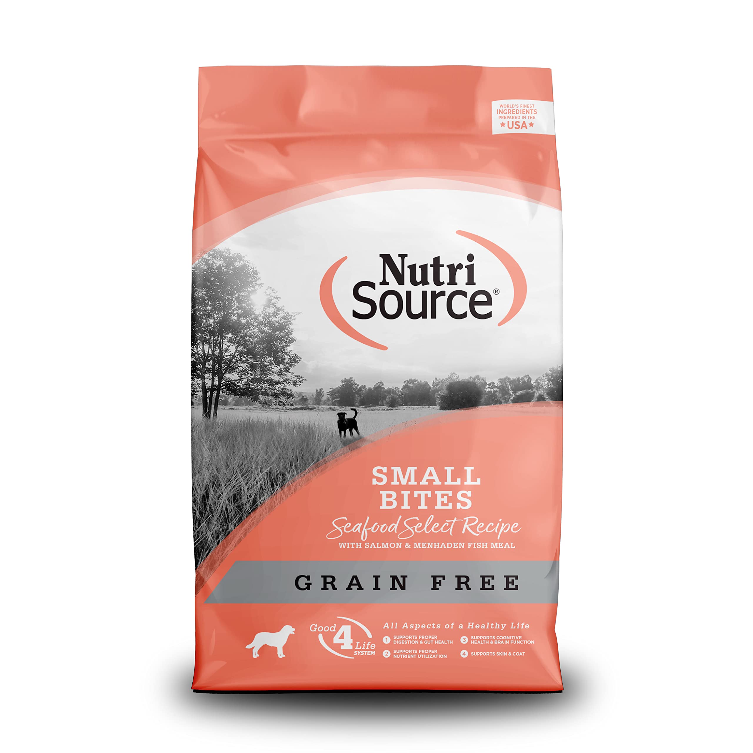 NutriSource Small Bites grain-free dog food package on a white background