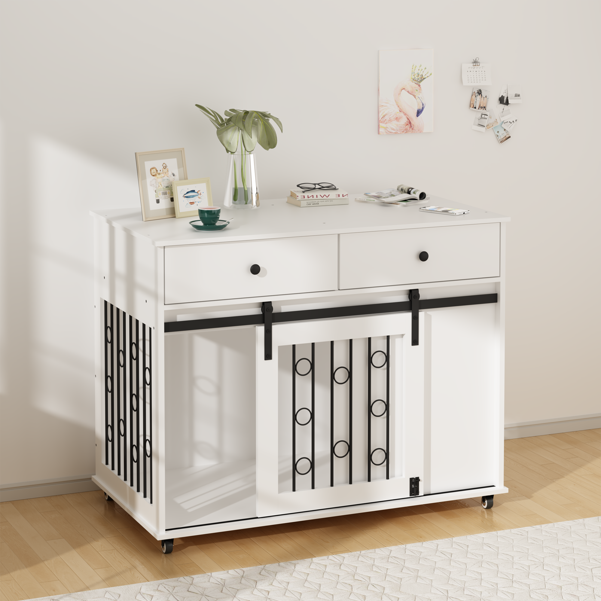 White console table with sliding door pet crate in a room setting.