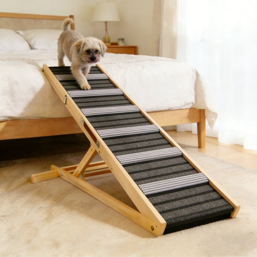 Dog using a pet ramp to climb onto a bed in a bedroom setting