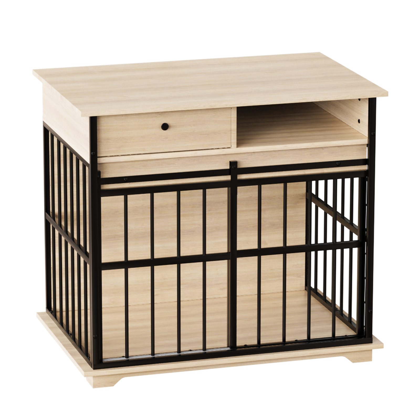 Wooden pet crate with metal bars and a drawer on a white background