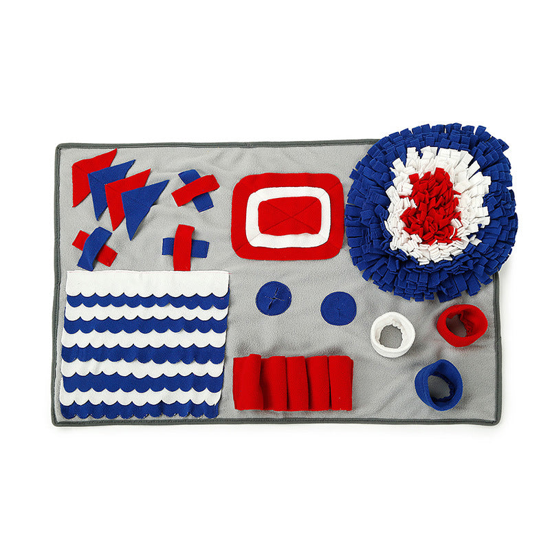 Colorful felt shapes on a gray mat with a white background