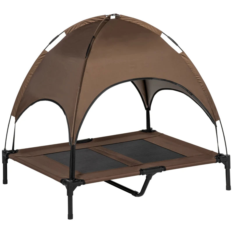 Brown camping cot with canopy on a white background