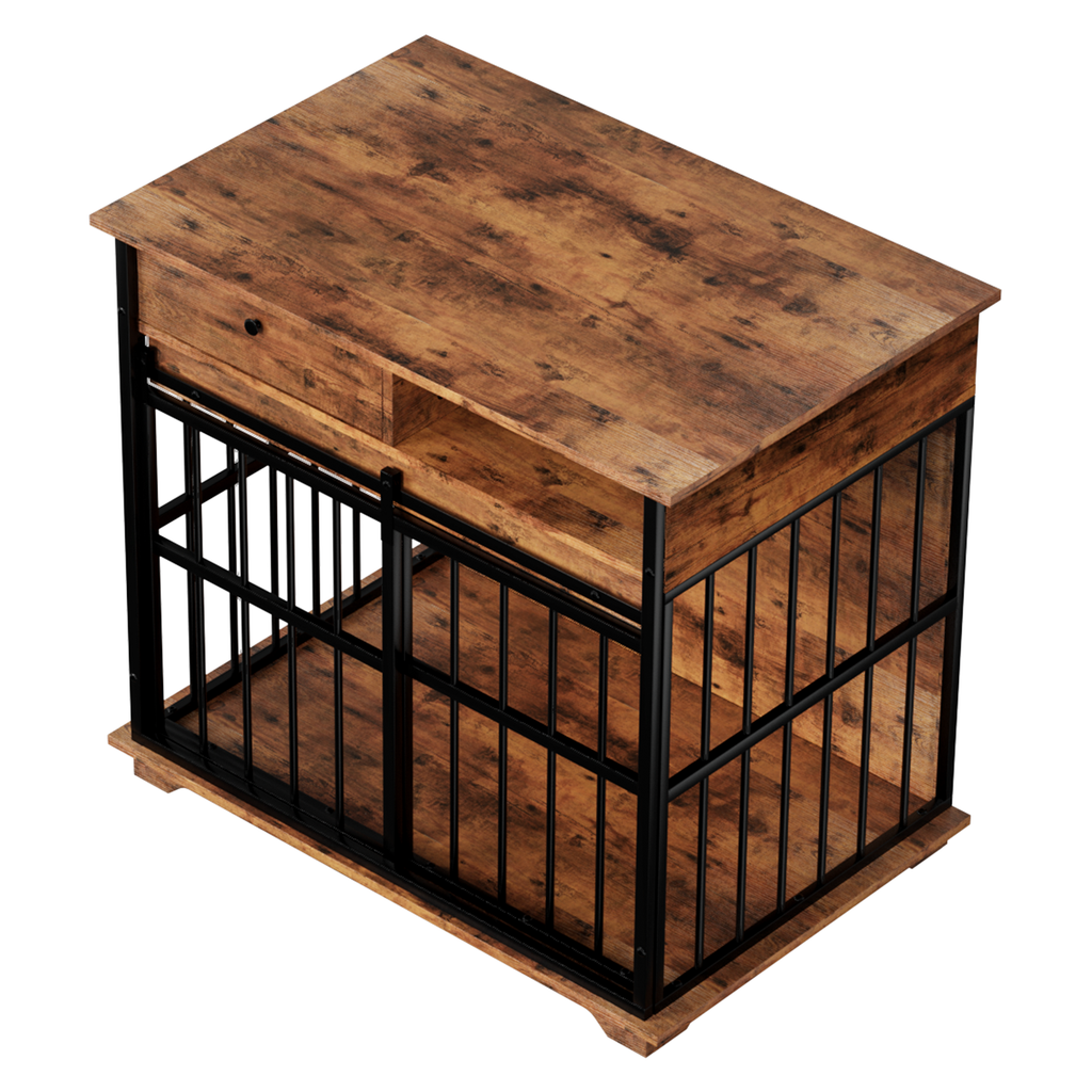 Wooden pet crate with metal bars on a white background
