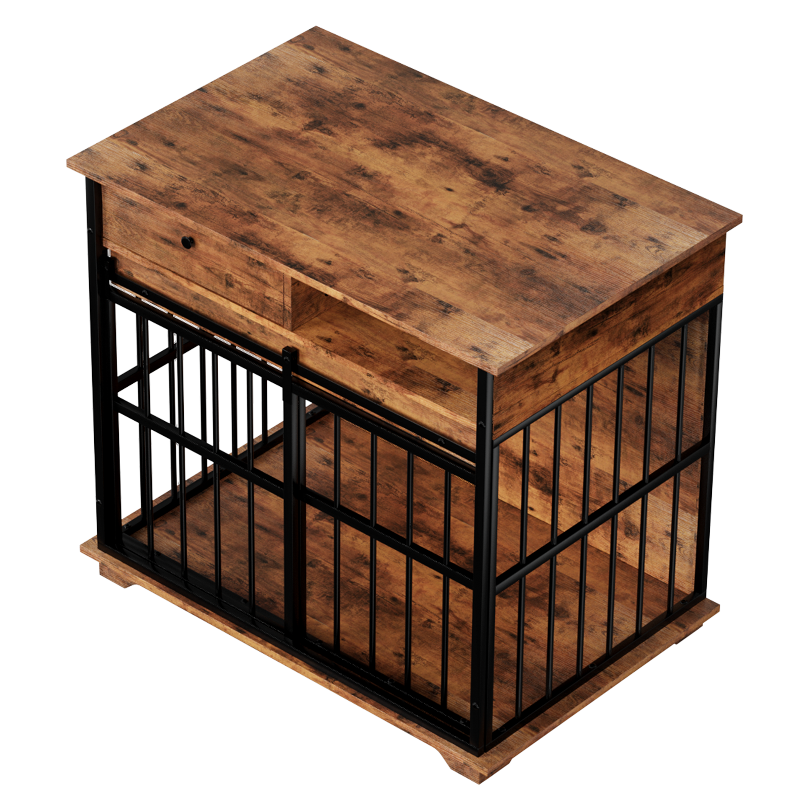 Wooden pet crate with metal bars on a white background