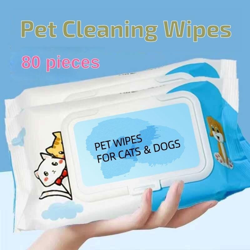 Pack of pet cleaning wipes for cats and dogs held by a hand against a blue background