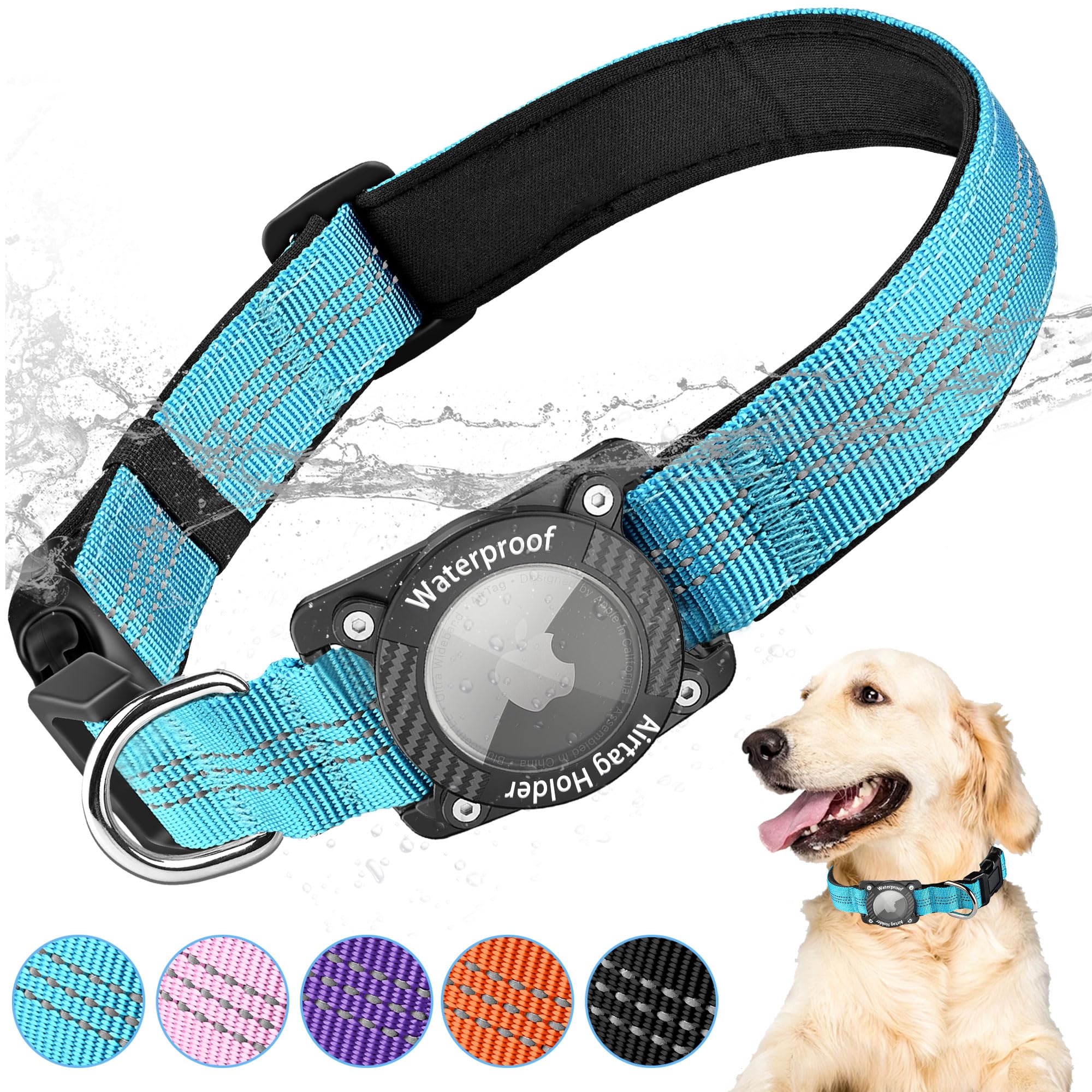 Blue dog collar with a dog wearing it, on a white background with color swatches below.