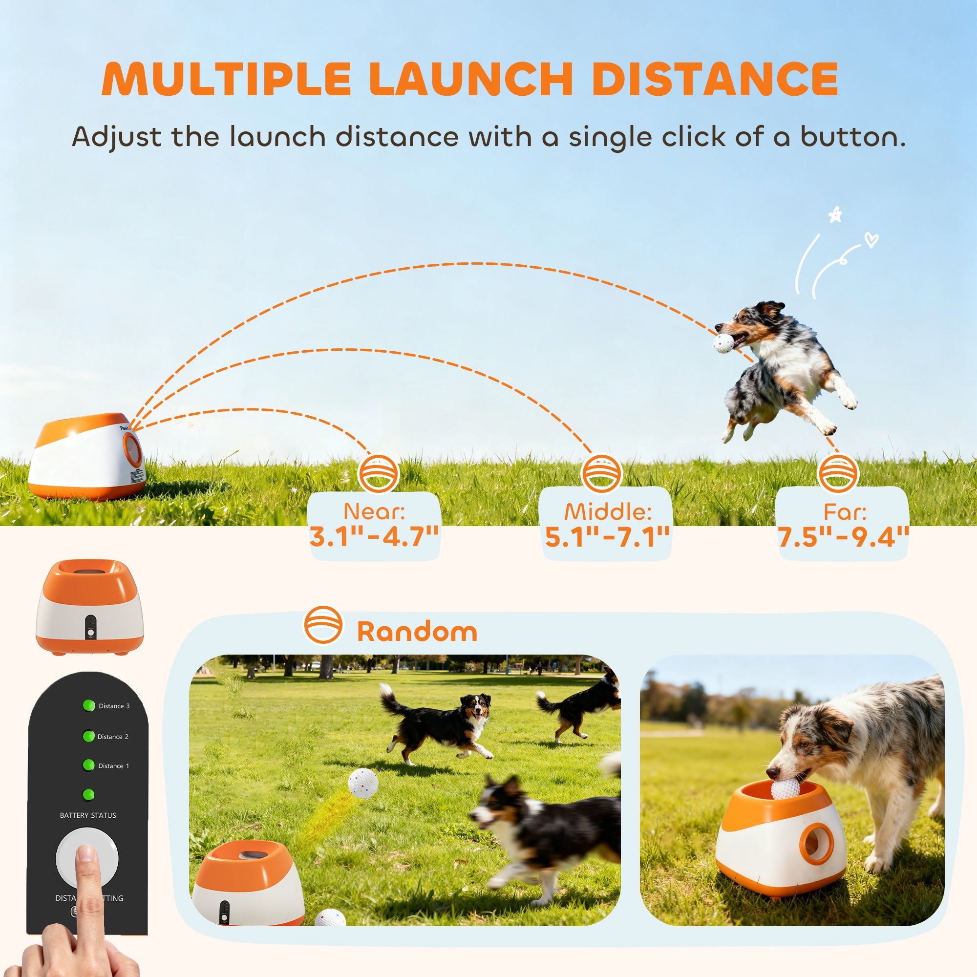 Dog toy launcher with adjustable launch distance feature, shown in a grassy outdoor setting.