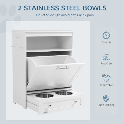 PawHut Pet Feeder Station Cabinet — Raised Bowls, Pull-Out Drawer, Storage Hooks, MDF (White, 32")