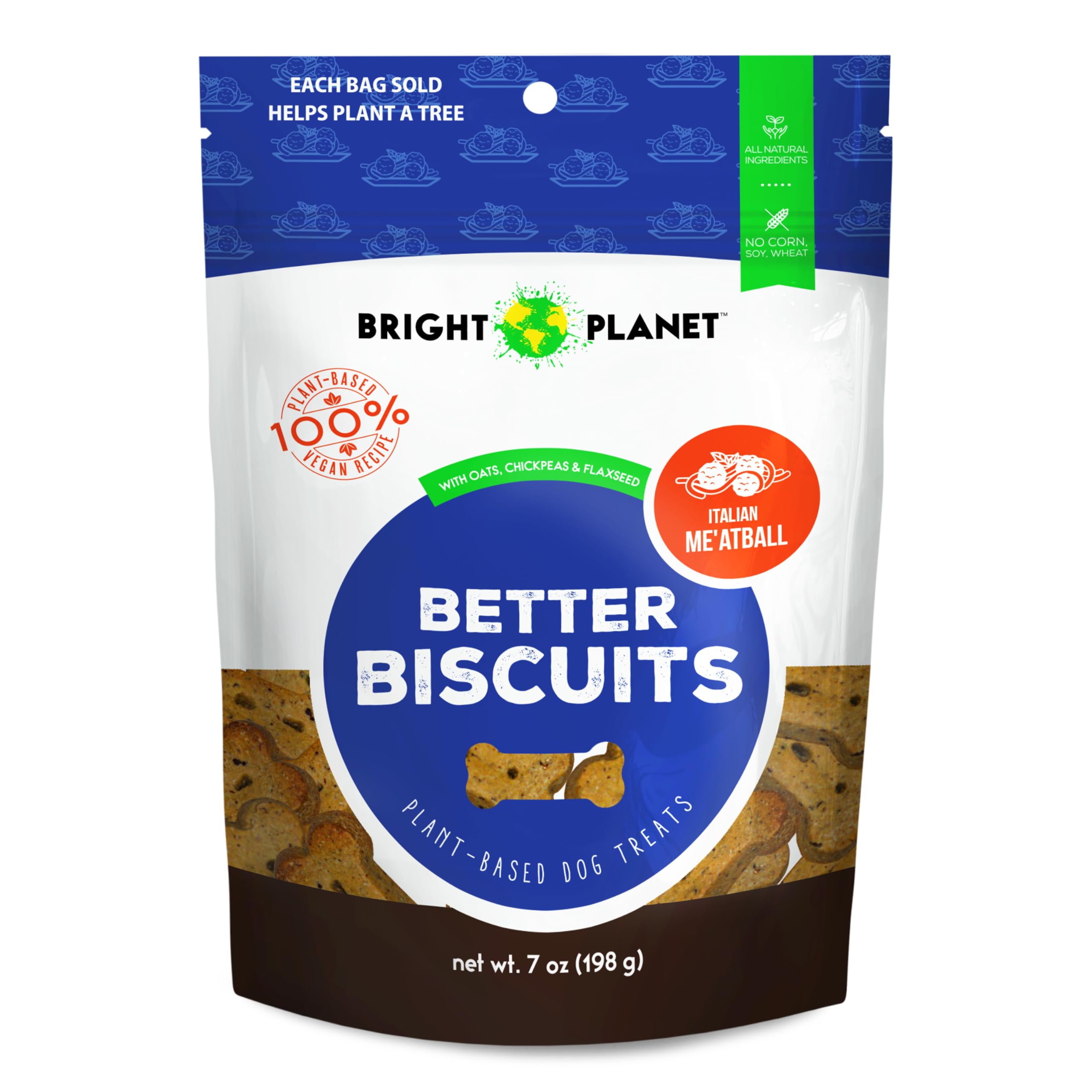 Package of Bright Planet Better Biscuits dog treats on a white background