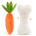 Carrot-shaped and bone-shaped plush toys on a white background