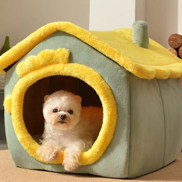 Small dog inside a green and yellow pet house with wood logs in the background