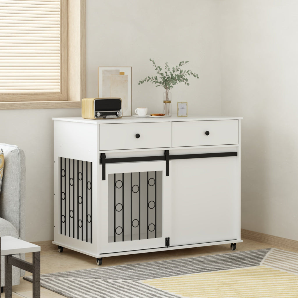 White pet crate with sliding door in a room setting
