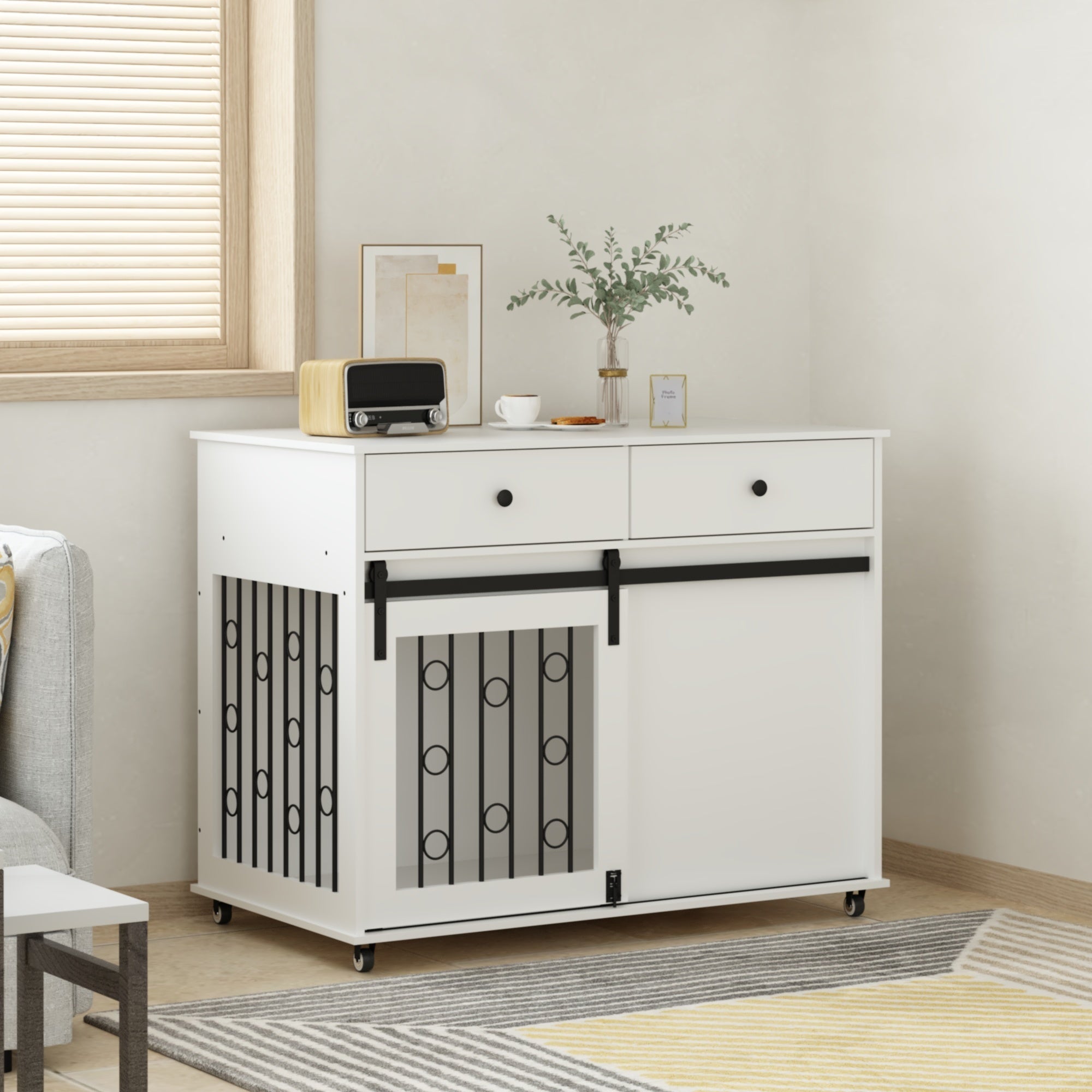 White pet crate with sliding door in a room setting
