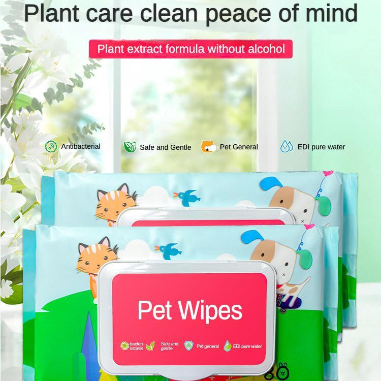 Pet wipes packaging with cartoon animals on a white background