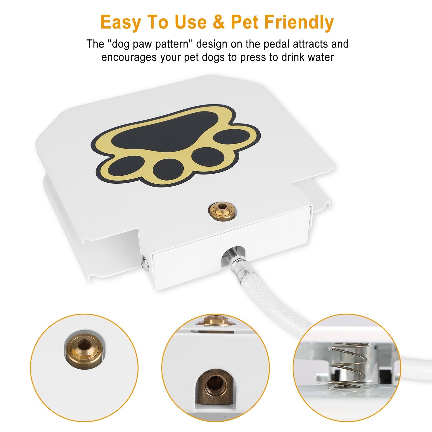 White pet water fountain with dog paw pattern and detailed view of components on a white background.