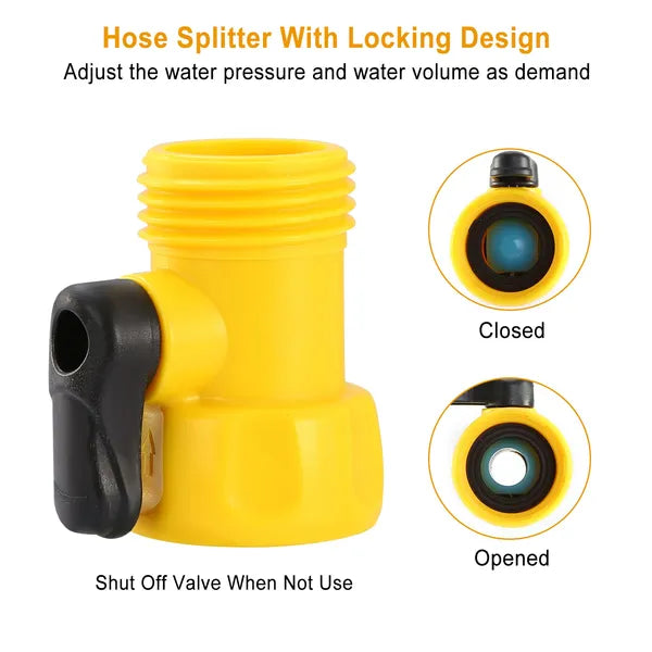 Yellow hose splitter with locking design on a white background