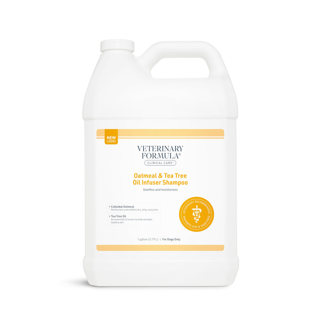 Gallon container of Veterinary Formula Oatmeal & Tea Tree Oil Infuser Shampoo on a white background