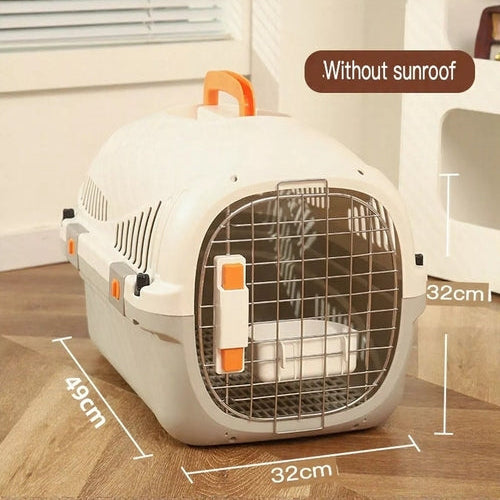 Pet carrier without sunroof with dimensions on a wooden floor.