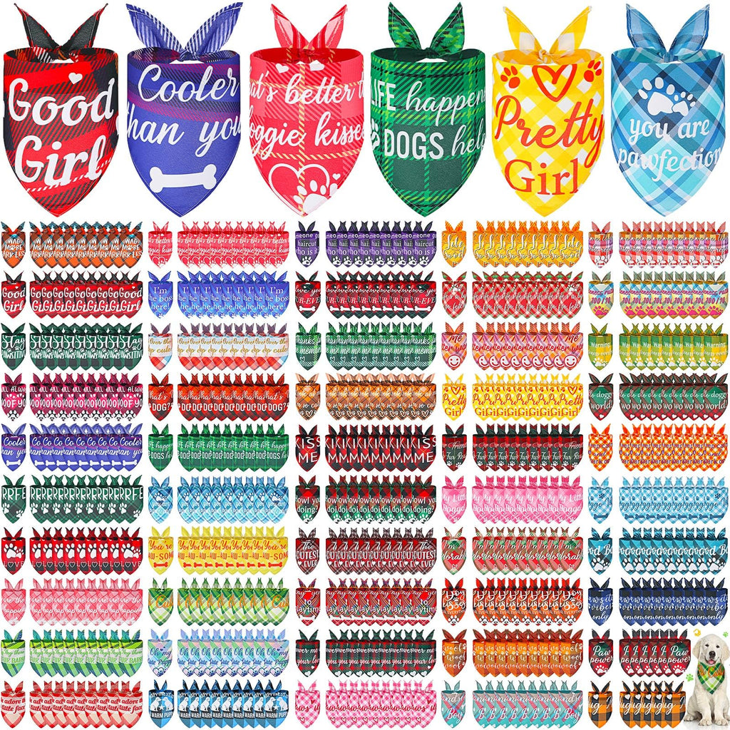 Collection of colorful pet bandanas with various designs and text.