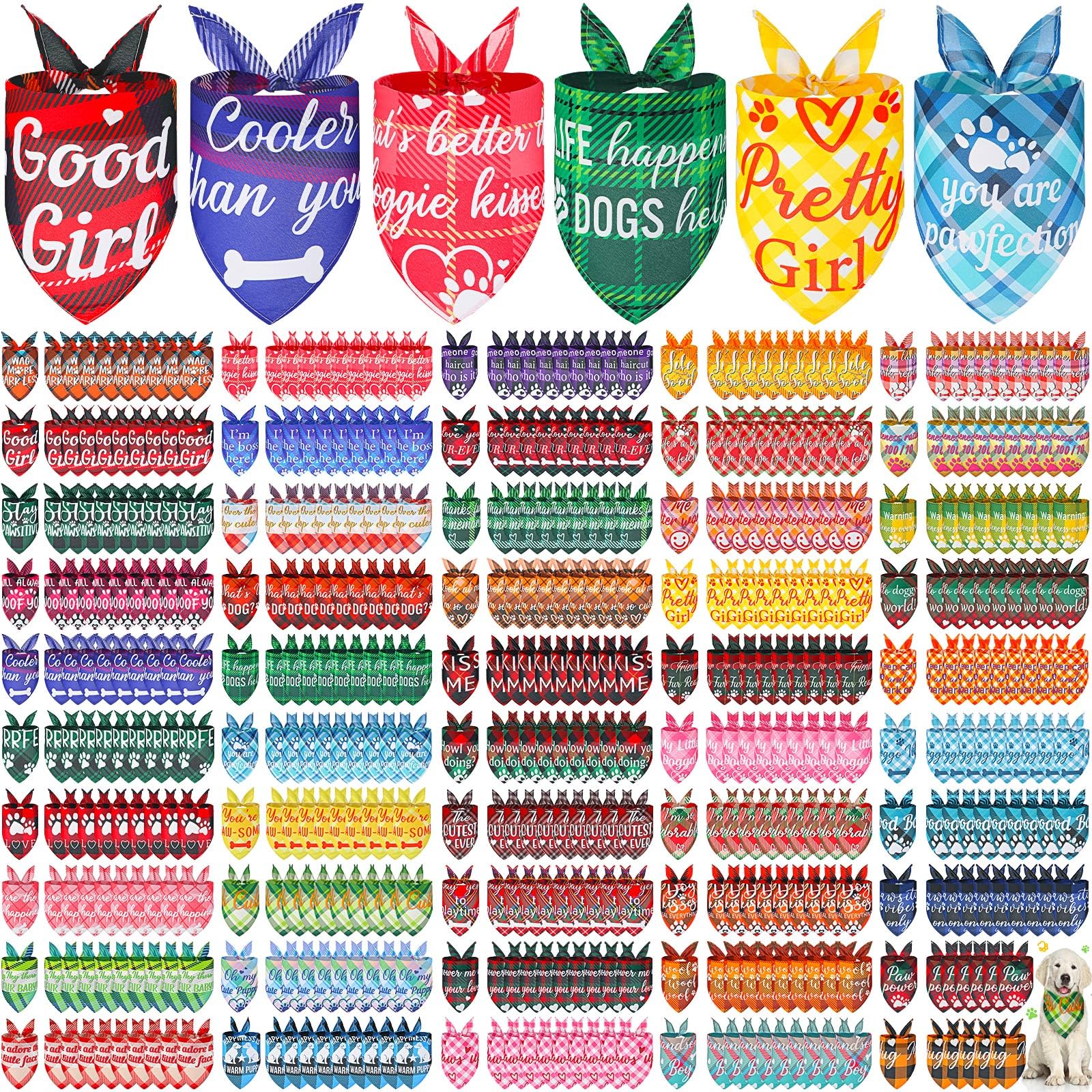Collection of colorful pet bandanas with various designs and text.