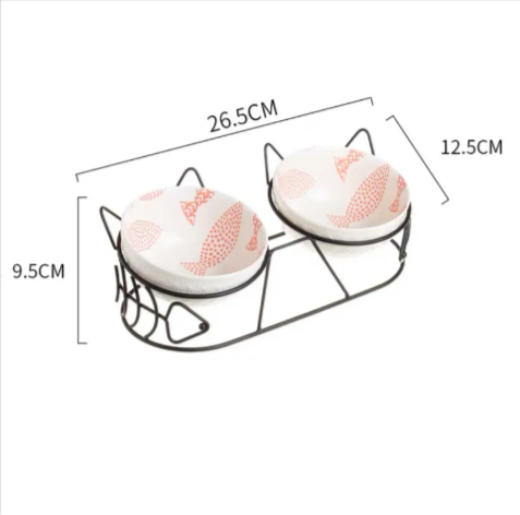 Elevated Ceramic Double Pet Bowl with Cat-Ear Stand