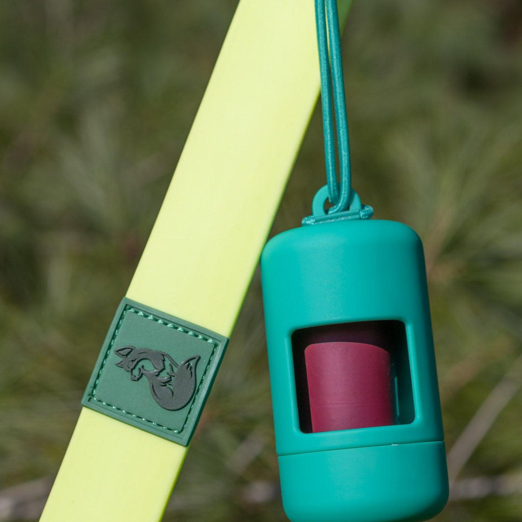 Teal dog training clicker attached to a yellow leash with grass in the background