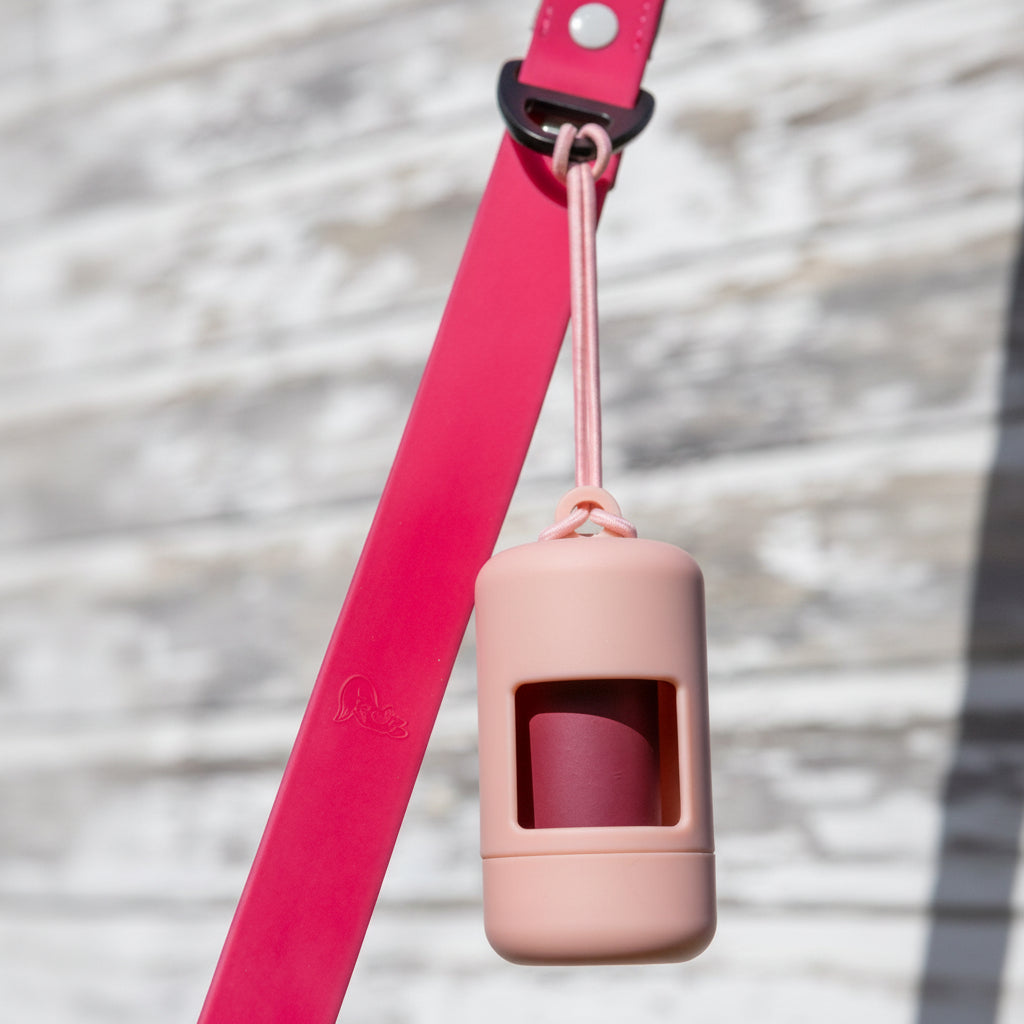 Pink pet leash with a matching pink pet waste bag dispenser on a blurred background
