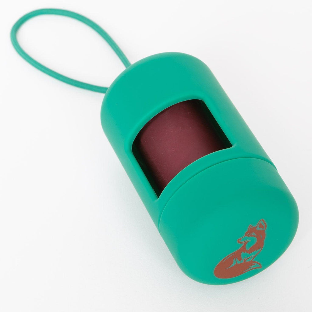 Green cylindrical container with a red interior and logo on a white background